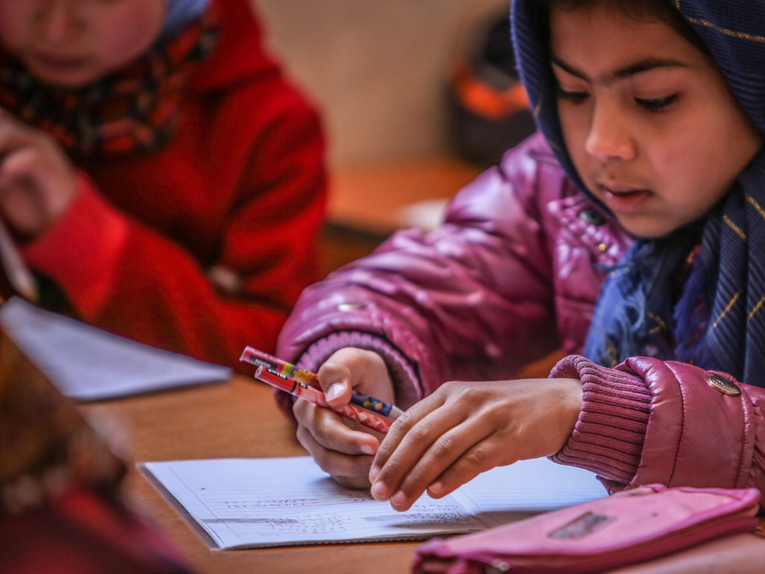 About Young Afghan students engaged in learning at a classroom desk.
